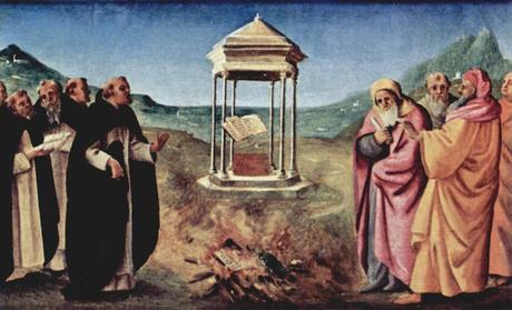 Piero di Cosimo 1485-90 Pugliese-Altar Predella, linke Szene Verbrennung der Albigenserschriften