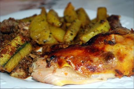 Poulet mariné et fritte de courgette croustil-fondante au four