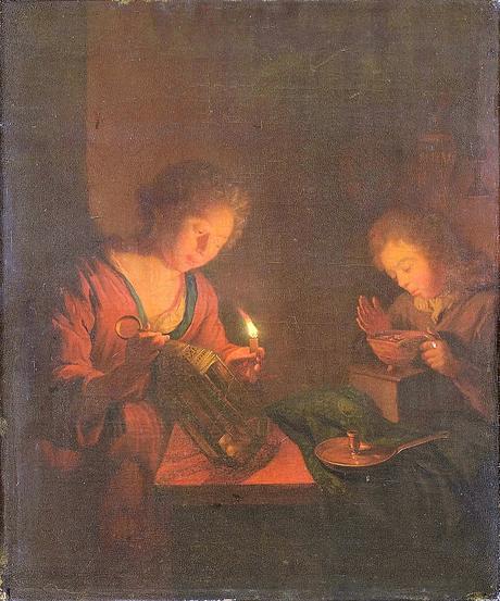 Schalcken attr 1690-1706 Een_meisje_plaatst_een_kaars_in_een_lantaarn_en_een_jongen_verzorgt_een_vuurtest_voor_een_stoof_Rijksmuseum_SK-A-370