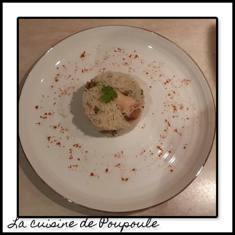 Risotto escalope de poulet, champignons et petits pois