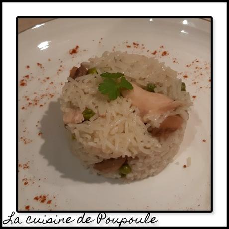 Risotto escalope de poulet, champignons et petits pois