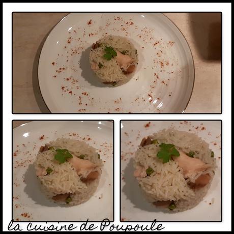 Risotto escalope de poulet, champignons et petits pois
