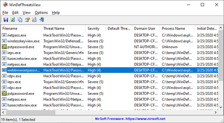 WinDefThreatsView - outil pour Windows 10 qui affiche la liste de toutes les menaces détectées par Windows Defender Antivirus