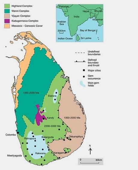 carte des mines de saphir de Ceylan appelé Sri Lanka