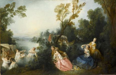 Lancret-W433-1737-ca-Baigneuses-et-spectateurs-dans-un-paysage-Les-Plaisirs-du-bain-Louvre-97-x-145-cm