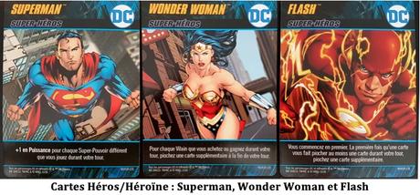Test de DC Comics Deck-Building Game Matt Hyra et Ben Stoll chez Don’t Panic Games Cartes héros/héroine avec Superman, Wonder Woman et Flash du jeu DC Comic Deck-Building Game