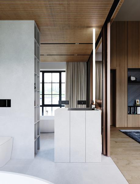 salle de douche minimaliste blanche gris clair grès ceram meuble sous vasque