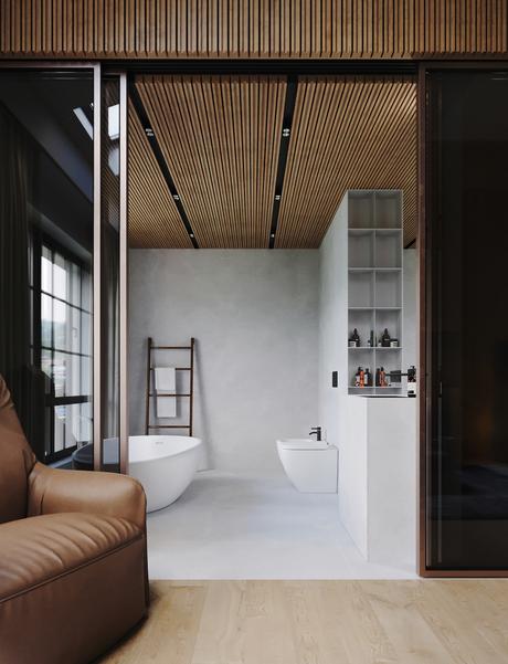 chalet moderne salle de bain gris mur lambris bois suite parentale