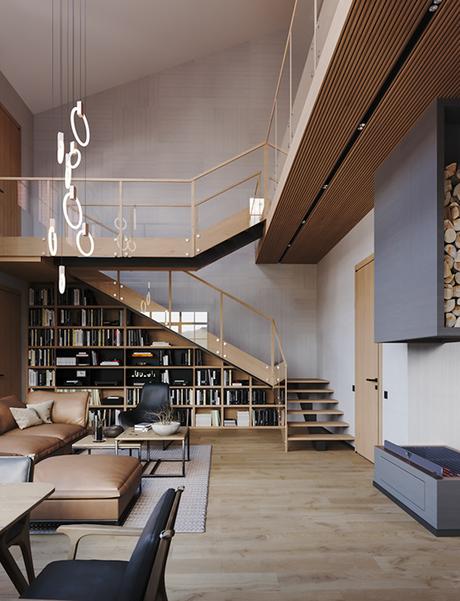 bibliothèque intégrée sous escalier bois et verre architecture intérieur