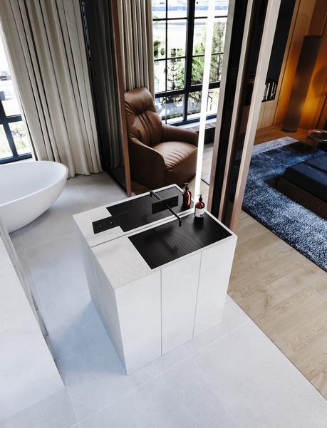 meuble salle de bain pierre claire vasque grille noir robinet