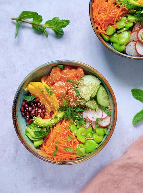 healthy food , saumon cru , legumes , quinoa , plat complet recette facile