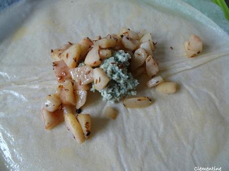 Briques en aumônières à la poire et au fromage bleu