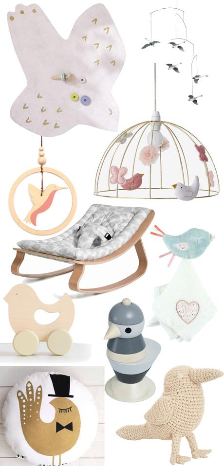 thème oiseau chambre bébé idée cadeau naissance fille mobile tapis jouet en bois