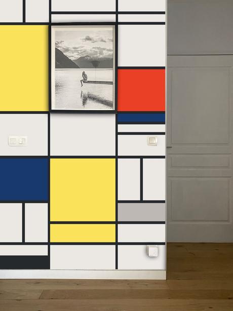 peinture murale motif style Mondrian carré couleur salon - blog déco clem around the corner