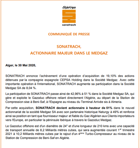 Sonatrach devient actionnaire majoritaire du gazoduc Medgaz