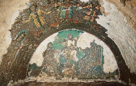 Christ in Aureole of Light, between Peter and Paul. Mosaic, Catacomb of Saint Domitilla, Rome, c. 366-384