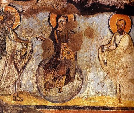 Traditio clavium. Cristo in trono tra i Santi Pietro e Paolo, T VII secolo (684), Catacombe di Commodilla, Roma