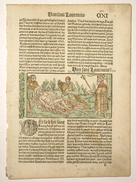Page d'un incunable illustrée d'une gravure sur bois représentant le martyre de saint Laurent, Légende dorée en allemand, 1489