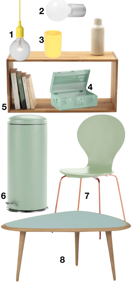 shopping liste pour appartement couleur vert menthe étagère bois chaise table basse lampe baladeuse poubelle - blog déco - clemaroundthecorner