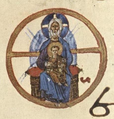3 Dieu sur le Globe : haut moyen âge Lectionary, painted vellum, cod. 587, fol. 3v, eleventh century. Dionysiou Monastery, Mount Athos, Greece