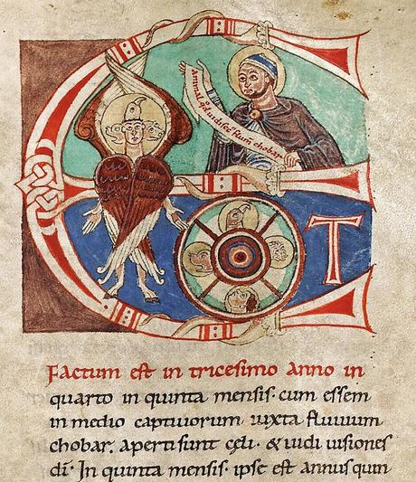 3 Dieu sur le Globe : haut moyen âge Incipit Ezechiel Propheta, initiale E de ‘Et factum est’, Bible de Lobbes, Tournai, 1084, Codex Biblia Sacra, fol-229