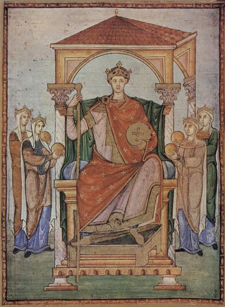 3 Dieu sur le Globe : haut moyen âge 985 ca Registrum Gregorii, Szene Kaiser Otto II., mit den Symbolen der vier Teile seines Reiches musee Conde