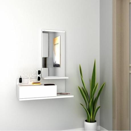 meuble entrée design blanc miroir tiroir suspendu plante verte - blog déco clematc