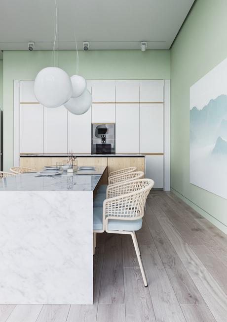 cuisine ouverte blanc bois vert clair marbre - blog design