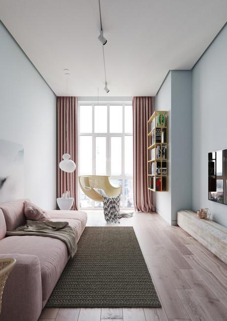 chambre salon aménagement studio canapé lit intérieur couleurs pastels fauteuil suspendu