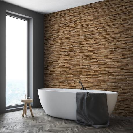 salle de bain bois esprit nature papier peint adhésif lamelle de bois parquet gris