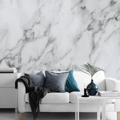 salon lumineux épuré revêtement mural marbre blanc déco nordique