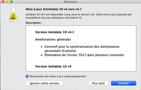 Mise à jour du logiciel Antidote 10 v4.1 sur Mac