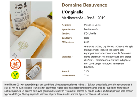 Domaine Beauvence Rosé cuvée l’Originelle 2019 Domaine Beauvence Rosé cuvée l’Originelle 2019