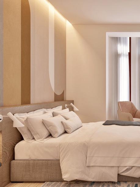 Déco, design et fonctionnalité dans un appartement pour senior chambre tête de lit bois papier peint années 70s appartement senior Barcelone