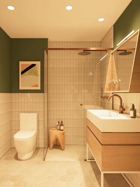 Déco, design et fonctionnalité dans un appartement pour senior salle de bain résidence appartement pour senior à Barcelone blanche kaki