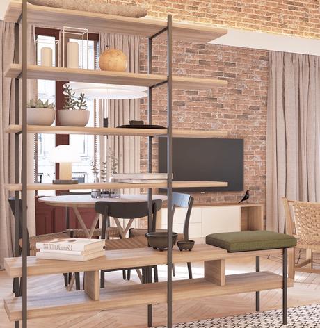 Déco, design et fonctionnalité dans un appartement pour senior bibliothèque bois métal séparation deux pièces cuisine ouverte studio étudiant