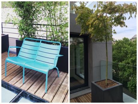 toit terrasse Paris France fermob banc luxembourg double bleu turquoise