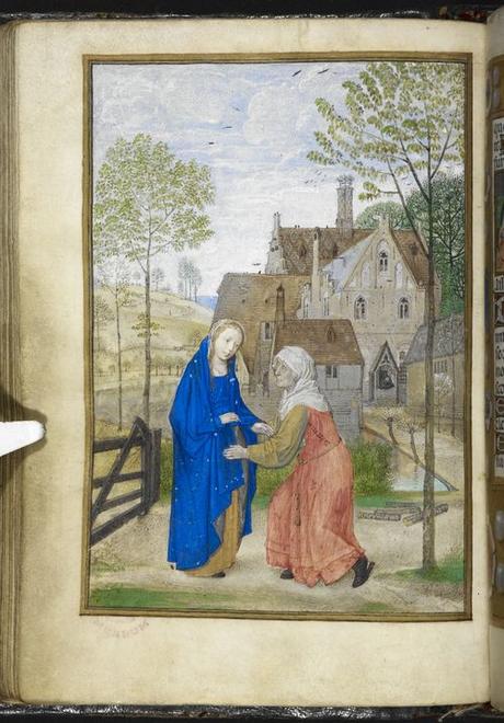 1485-90 Simon Marmion The_Visitation._Mary_and_Elizabeth_in_the_garden_of_a_country_house_-_Huth_Hours_,_f.66v_-_BL_Add_MS_38126