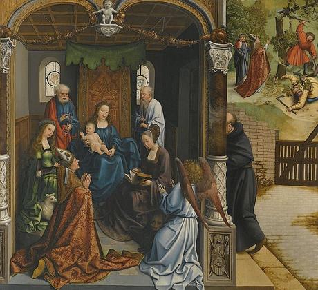 Van Orley 1515-19 THE VIRGIN AND CHILD ADORED BY SAINT MARTIN AND OTHER SAINTS INCLUDING SAINT PETER, AGNES, MARY MAGDELENE, AND ANTHONY (), AND BEYOND SAINT MARTIN ORDERING A TREE TOColl part