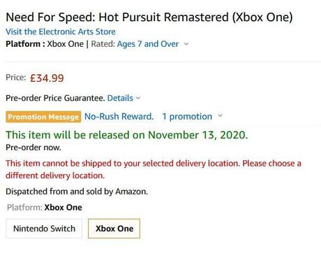 Need For Speed : Hot Pursuit Remastered en fuite sur Amazon UK