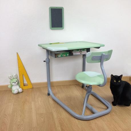 Bureau écolier relooké : le tutoriel et inspiration bureau écolier relooké vert mint menthe à l'eau chat noir chambre enfant vintage - blog déco - clem around the corner