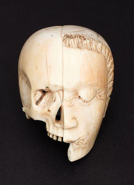 Tetedouble C Ivory_model_of_a_half_head,_half_skull._Front_view._Black_ba_Wellcome