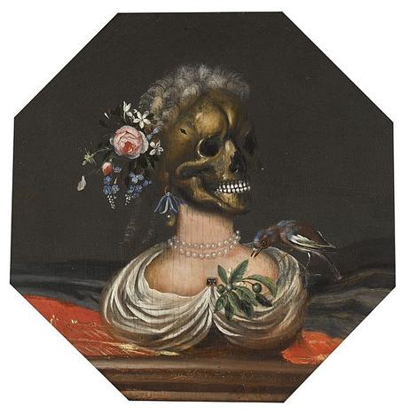 1688 Catarina_Ykens_II_-_Vanitas_bust_of_a_lady_with_a_crown_of_flowers_on_a_ledge coll privee