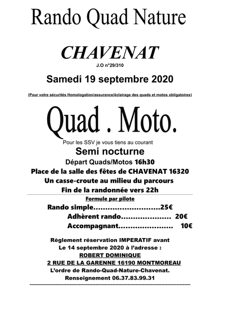 Rando semi nocturne Quad-moto de l'association Quad Nature Chavenat (16), le 19 septembre 2020