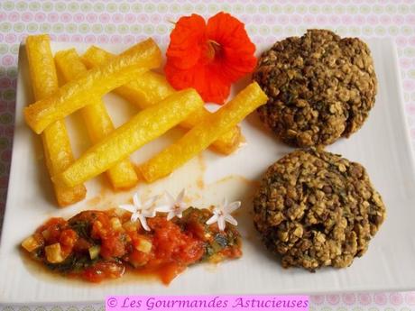 Galettes de lentilles, frites de Polenta et sauce improvisée (Vegan)