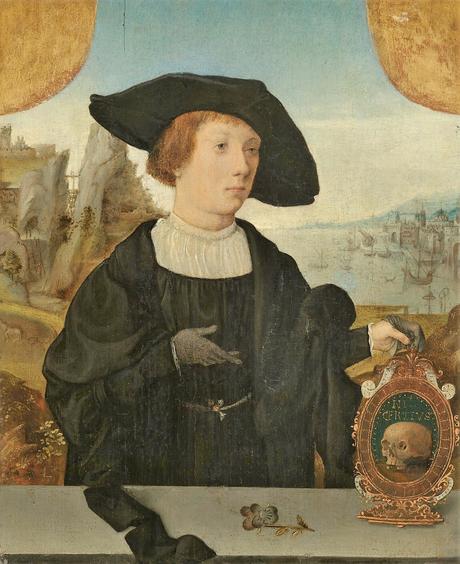 Attr Jan Jansz. Mostaert 1525 ca Portrait d'un jeune homme tenant un memento mori coll priv