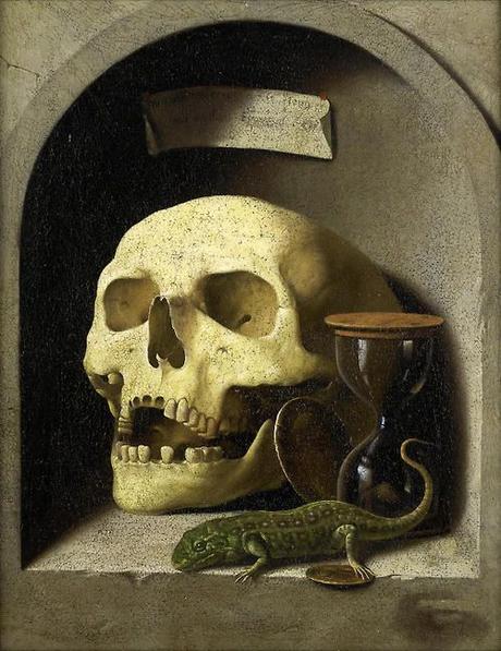 German School, circa 1600, A skull, a lizard, coins and an hourglass in a painted stone niches