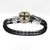 gros bracelet croix en argent cuir et diamants noirs pour homme