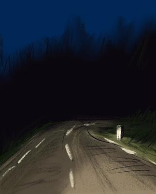 Dessin sur la Route, Drive by Drawing, route d’une nuit d’été.