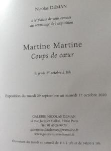 Galerie Nicolas Deman  Exposition Martine Martine « Coups de cœur » 29 Septembre au 12 Octobre 2020